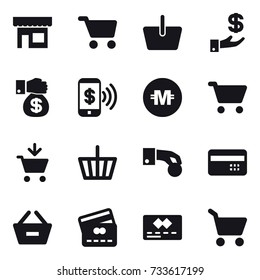 16 vector icon set : shop, cart, basket, investment, money gift, phone pay, crypto currency, add to cart, hand coin, credit card, remove from basket