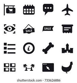 16 vector icon set : shop signboard, calendar, message, plane, eye identity, sale, atm receipt, list, info, castle, panel house, palm hammock, chicken