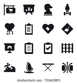 16 vector icon set : shop signboard, presentation, chess horse, hoverboard, cardio chip, clipboard, under construction, surfer, windsurfing, iron board