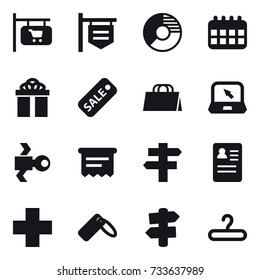 16 vector icon set : shop signboard, circle diagram, calendar, gift, sale, shopping bag, notebook, satellite, atm receipt, singlepost, signpost, hanger