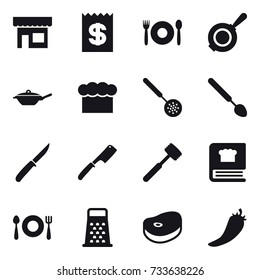 16 vector icon set : shop, receipt, cafe, pan, chef  hat, skimmer, big spoon, knife, chef knife, meat hammer, hot pepper