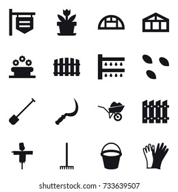 16 vector icon set : shop signboard, flower, greenhouse, flower bed, fence, watering, seeds, shovel, sickle, wheelbarrow, scarecrow, rake, bucket, gloves