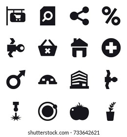 16 vector icon set : shop signboard, search document, share, percent, satellite, delete cart, home, dome house, seedling