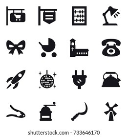 16 vector icon set : shop signboard, abacus, table lamp, bow, baby stroller, church, disco ball, kettle, walnut crack, hand mill, sickle, windmill