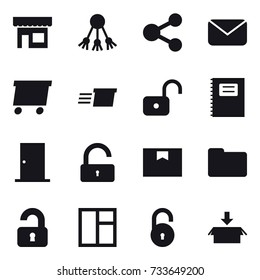 16 vector icon set : shop, share, mail, delivery, unlock, copybook, door, unlocked, window, package