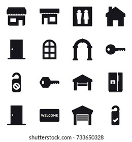 16 vector icon set : shop, wc, home, door, arch window, arch, key, do not distrub, garage, fridge, welcome mat, please clean
