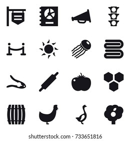 16 vector icon set : shop signboard, annual report, loudspeaker, vip fence, sun, jellyfish, towel, walnut crack, rolling pin, honeycombs, barrel, chicken, goose, garden