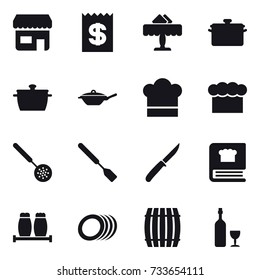 16 vector icon set : shop, receipt, restaurant, pan, cook hat, chef  hat, skimmer, spatula, knife, barrel, wine