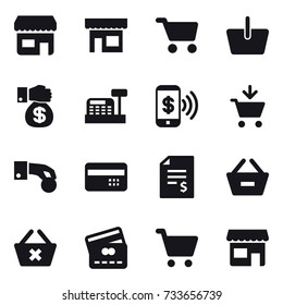 16 vector icon set : shop, cart, basket, money gift, cashbox, phone pay, add to cart, hand coin, credit card, account balance, remove from basket, delete cart