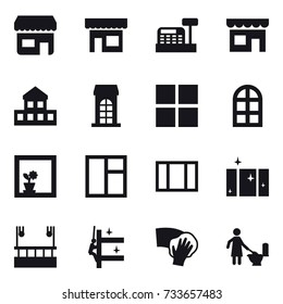 16 vector icon set : shop, cashbox, cottage, building, window, arch window, flower in window, clean  window, skyscapers cleaning, skyscrapers cleaning, wiping, toilet cleaning