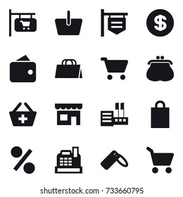16 vector icon set : shop signboard, basket, dollar, wallet, shopping bag, cart, purse, add to basket, shop, store, percent, cashbox