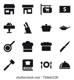 16 vector icon set : shop, shop signboard, receipt, restaurant, stands for knives, pan, cook hat, chef  hat, knife, meat hammer