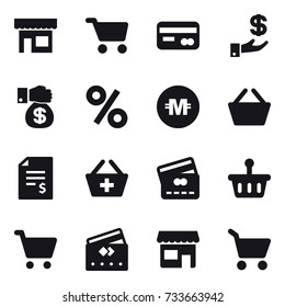 16 vector icon set : shop, cart, card, investment, money gift, percent, crypto currency, basket, account balance, add to basket, credit card
