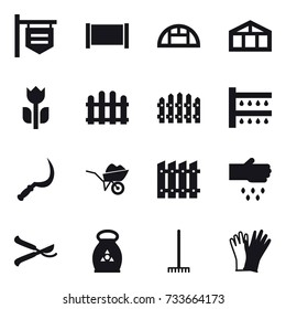 16 vector icon set : shop signboard, fence, greenhouse, watering, sickle, wheelbarrow, sow, pruner, fertilizer, rake, gloves