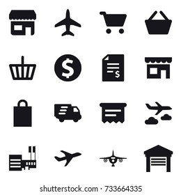 16 vector icon set : shop, plane, cart, basket, dollar coin, account balance, shopping bag, delivery, atm receipt, journey, mall, garage
