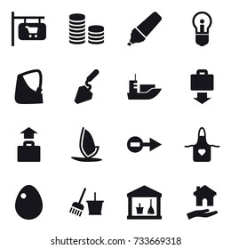 16 vector icon set : shop signboard, coin stack, marker, bulb, construction, baggage get, baggage, windsurfing, apron, egg, bucket and broom, utility room, housing