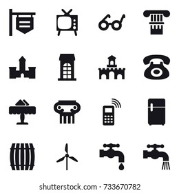 16 vector icon set : shop signboard, tv, column, castle, building, fort, restaurant, antique column, barrel, windmill, water tap