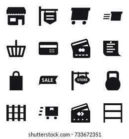 16 vector icon set : shop, shop signboard, delivery, basket, credit card, shopping list, shopping bag, sale, store signboard, rack