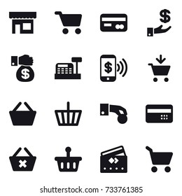 16 vector icon set : shop, cart, card, investment, money gift, cashbox, phone pay, add to cart, basket, hand coin, credit card, delete cart
