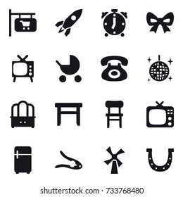 16 vector icon set : shop signboard, rocket, alarm clock, bow, tv, baby stroller, disco ball, dresser, stool, chair, fridge, walnut crack, windmill, horseshoe