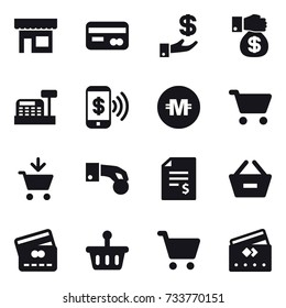 16 vector icon set : shop, card, investment, money gift, cashbox, phone pay, crypto currency, cart, add to cart, hand coin, account balance, remove from basket, credit card