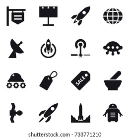 16 vector icon set : shop signboard, billboard, rocket, globe, satellite antenna, laser, ufo, lunar rover, label, sale label