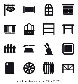 16 vector icon set : shop signboard, fence, arch window, chest of drawers, wardrobe, dresser, rack, stool, cutting board, stands for knives, wheel, barrel, farm fence