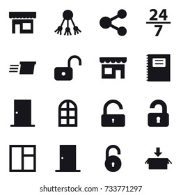16 vector icon set : shop, share, 24/7, delivery, unlock, copybook, door, arch window, unlocked, window, package
