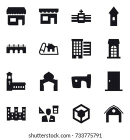 16 vector icon set : shop, tower, bridge, project, houses, building, church, minaret, slum, door, palace, architector, barn