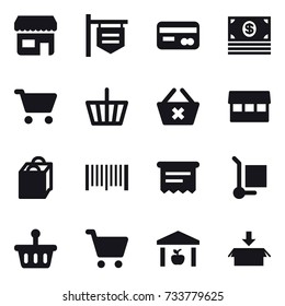 16 vector icon set : shop, shop signboard, card, money, cart, basket, delete cart, market, shopping bag, barcode, atm receipt, cargo stoller, warehouse, package