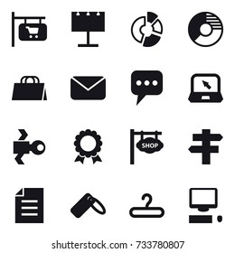 16 vector icon set : shop signboard, billboard, circle diagram, shopping bag, mail, message, notebook, satellite, medal, singlepost, hanger