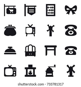 16 vector icon set : shop signboard, abacus, bow, purse, tv, windmill, service bell, dresser, stool, phone, fireplace, hand mill