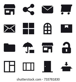 16 vector icon set : shop, share, mail, delivery, window, arch window, unlocked, door, package
