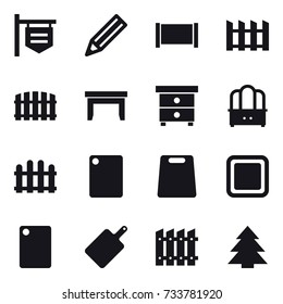 16 vector icon set : shop signboard, pencil, fence, table, nightstand, dresser, cutting board, spruce