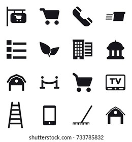 16 vector icon set : shop signboard, cart, phone, delivery, list, houses, goverment house, barn, vip fence, tv, stairs, rake