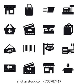 16 vector icon set : shop, shopping bag, delivery, cashbox, add to basket, credit card, market scales, sale, barcode, store signboard, mall, package