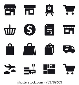 16 vector icon set : shop, presentation, cart, basket, dollar coin, account balance, shopping bag, delivery, journey, mall