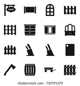 16 vector icon set : shop signboard, fence, arch window, chest of drawers, wardrobe, dresser, stands for knives, knife holder, cutting board, axe, barrel, trailer