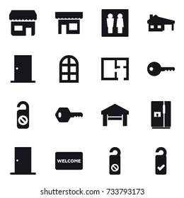 16 vector icon set : shop, wc, house with garage, door, arch window, plan, key, do not distrub, garage, fridge, welcome mat, please clean