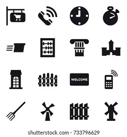 16 vector icon set : shop signboard, call, clock, stopwatch, delivery, abacus, column, castle, building, fence, welcome mat, fork, windmill