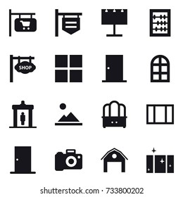 16 vector icon set : shop signboard, billboard, abacus, window, door, arch window, detector, landscape, dresser, barn, clean  window