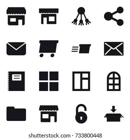 16 vector icon set : shop, share, mail, delivery, copybook, window, arch window, package