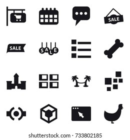 16 vector icon set : shop signboard, calendar, message, sale, list, castle, panel house, palm hammock, chicken