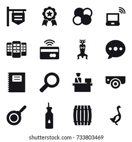 16 vector icon set : shop signboard, medal, atom core, notebook wireless, server, tap to pay, dna modify, ballon, copybook, surveillance camera, pan, barrel, goose
