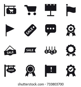 16 vector icon set : shop signboard, cart, billboard, flag, sale, message, medal