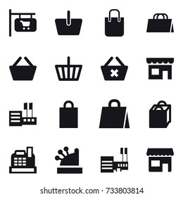 16 vector icon set : shop signboard, basket, shopping bag, delete cart, shop, store, cashbox, mall