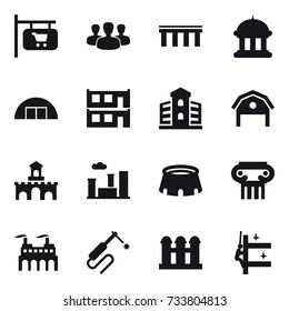 16 vector icon set : shop signboard, group, bridge, goverment house, hangare, modular house, building, barn, fort, city, stadium, antique column, grain elevator, skyscrapers cleaning