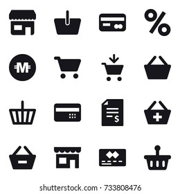 16 vector icon set : shop, basket, card, percent, crypto currency, cart, add to cart, credit card, account balance, add to basket, remove from basket