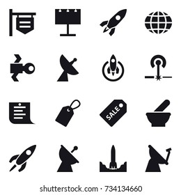 16 vector icon set : shop signboard, billboard, rocket, globe, satellite, satellite antenna, laser, shopping list, label, sale label