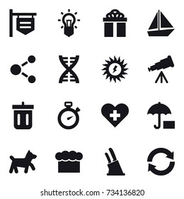 16 vector icon set : shop signboard, bulb, gift, boat, molecule, dna, sun power, telescope, bin, stopwatch, dog, chef  hat, knife holder, reload